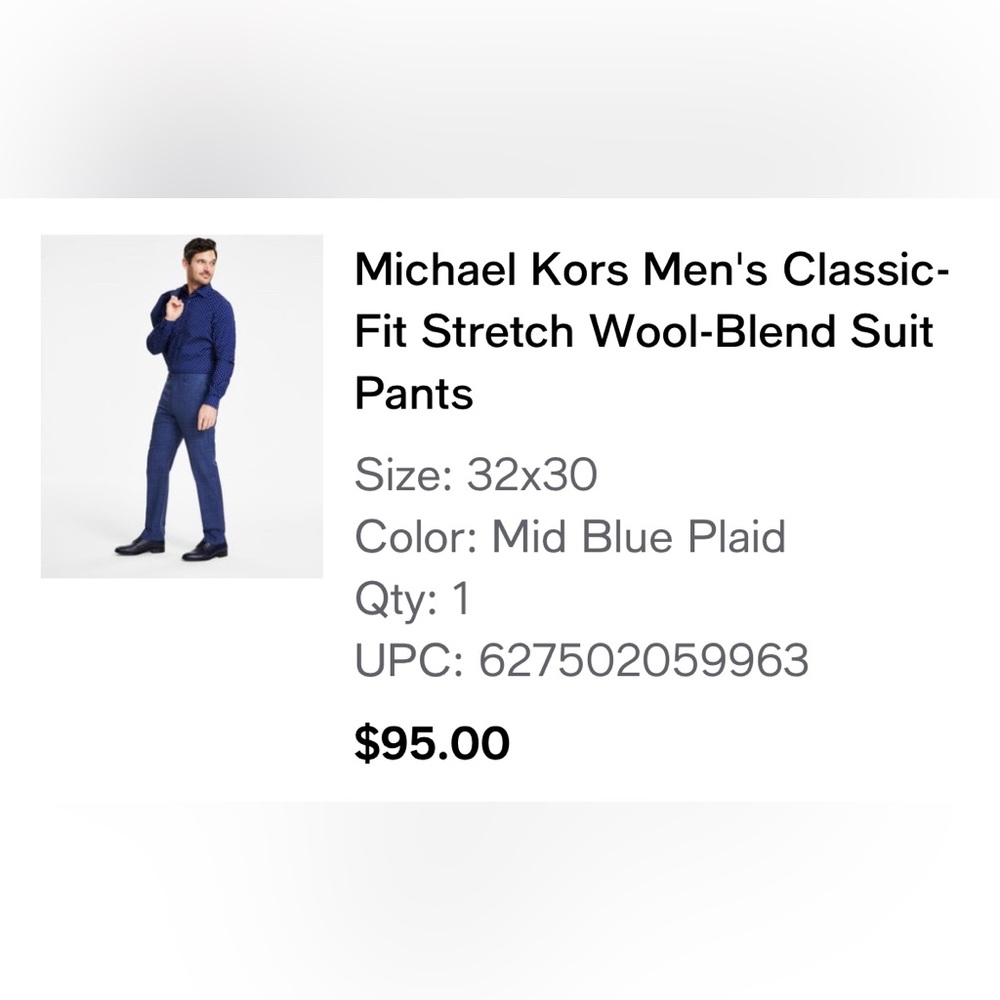 Michael Kors Men's Mid Blue Plaid Suit Pants